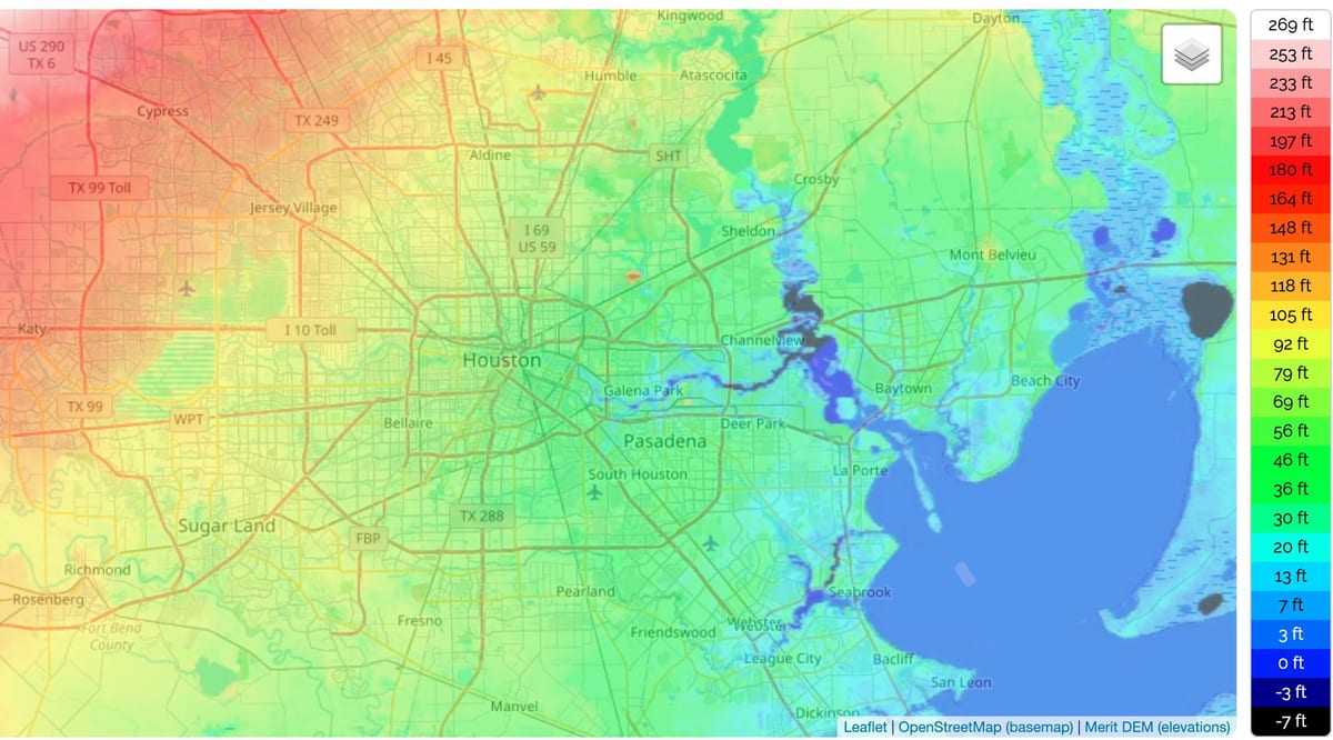 Mapa de elevação de Houston
